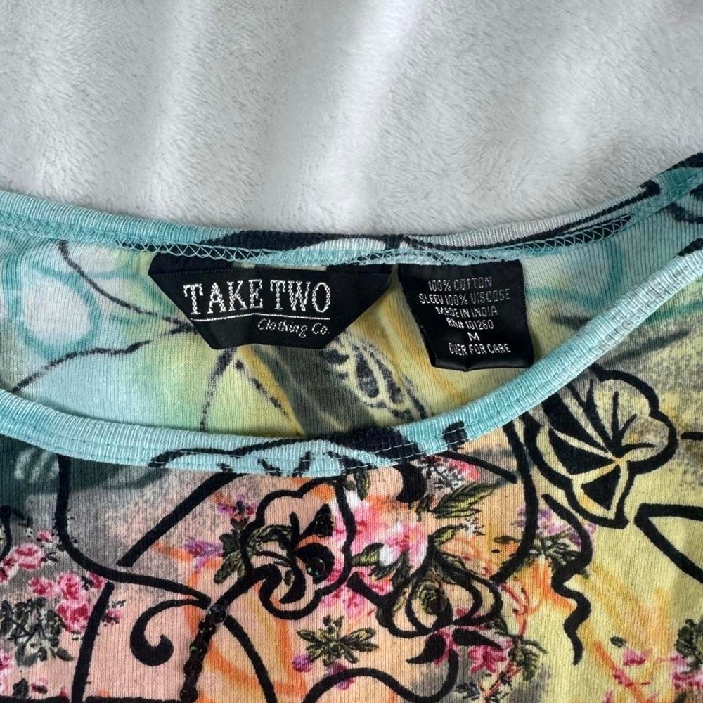 Take Two teal glitter mesh sleeve graphic babydoll fairy top y2k vintage euro - Picture 3 of 6
